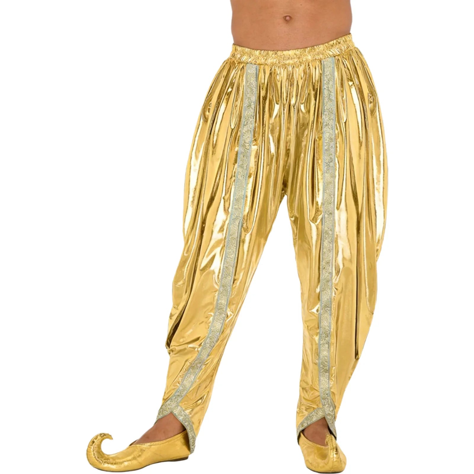Men's Metallic Shiny Harem Dhoti Pants Gold Brocade Trim Prince Cosplay Costume