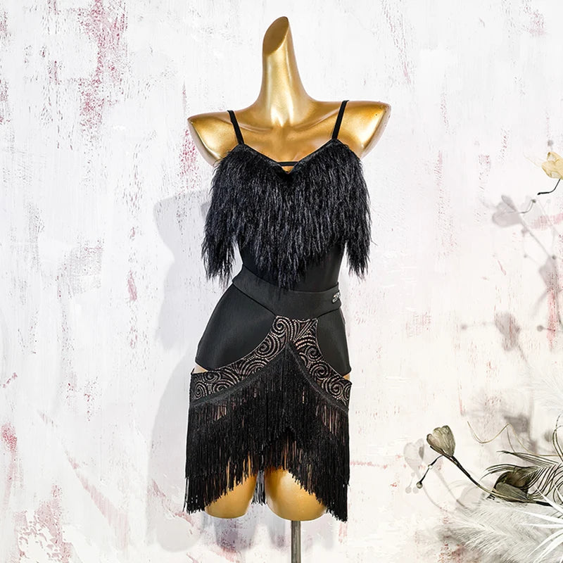 Black Fluffy Dance Leotard & Fringe Practice Skirt Latin Performance Costume Set