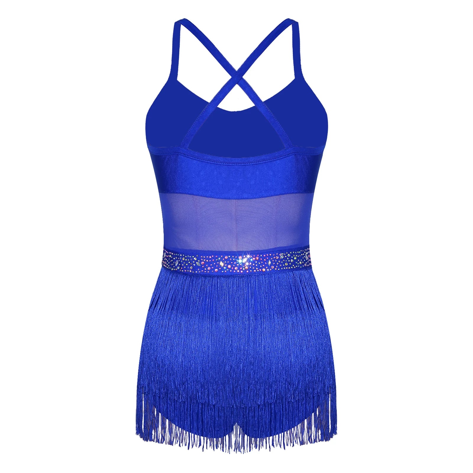 Rhinestone Latin Dance Dress, Mesh Tiered Tassel Bodysuit & Long Gloves Set