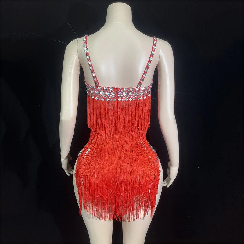 Custom Fringe Rhinestone Bodysuit & Stage Performance Dance Costume