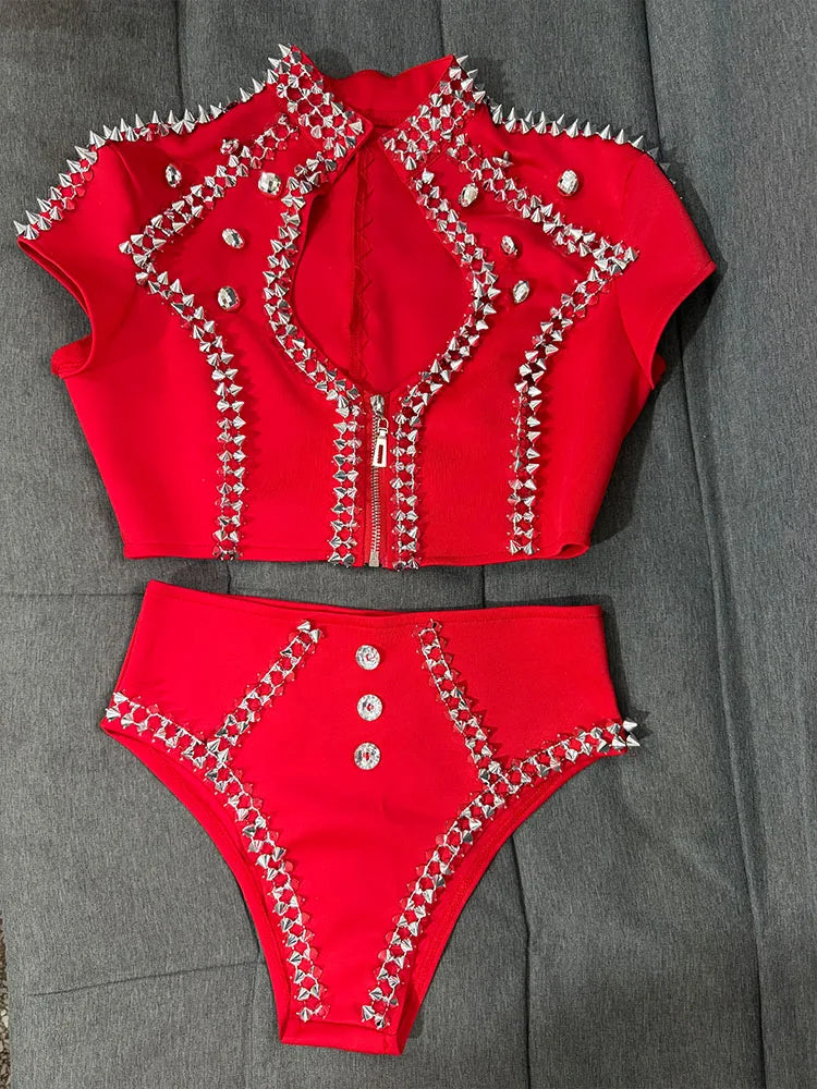 Sparkly Red Rhinestone Top & Shorts Set Gogo Showgirl Performance Outfit