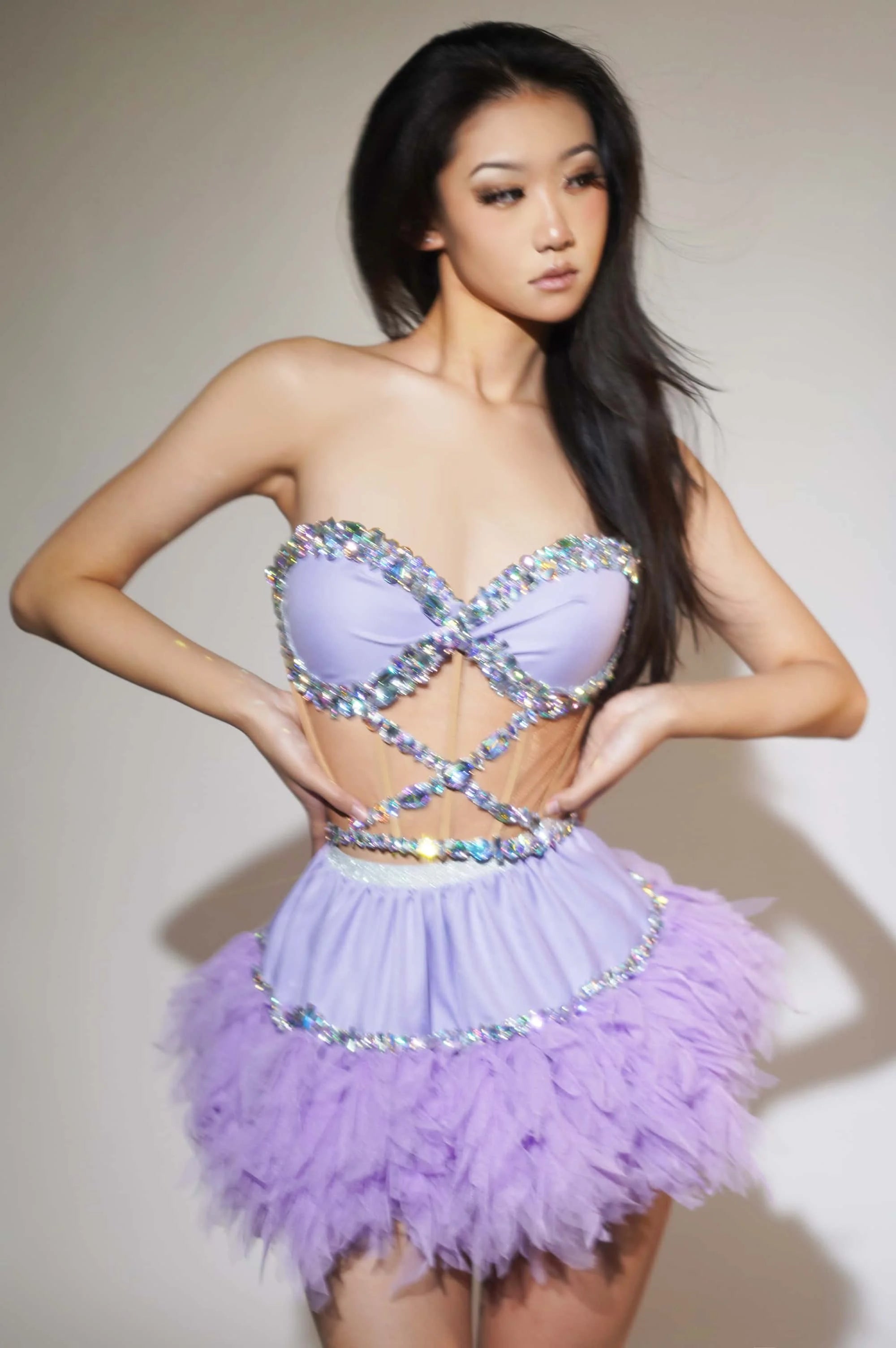 Sparkly Rhinestone Strapless Crop Top & Mesh Tutu Skirt 2-Piece Set