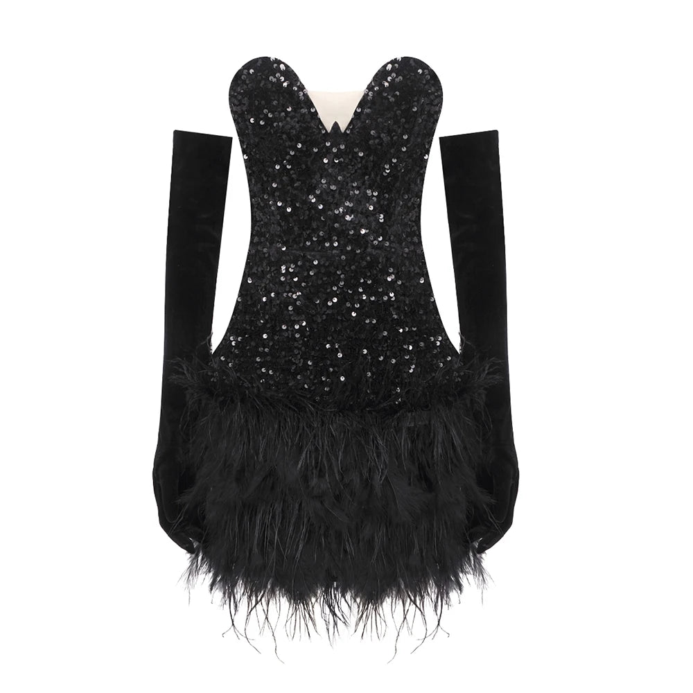 Black Sequin & Feather Strapless Mini Dress