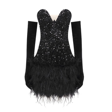 Black Sequin & Feather Strapless Mini Dress
