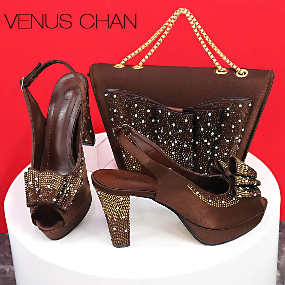 Peep Toe Square Heel Shoes and Matching Bag Set