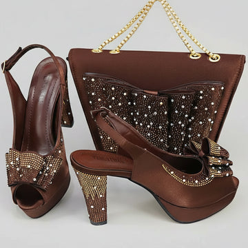 Rhinestone High Heel Peep Toe Slingbacks with Matching Bag Set