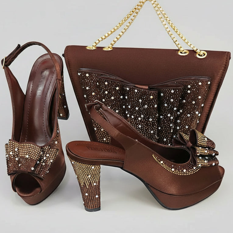 Rhinestone High Heel Peep Toe Slingbacks with Matching Bag Set