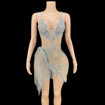 Sparkly Rhinestone & Fringe Sheer Mesh Mini Dress Stage Performance Costume