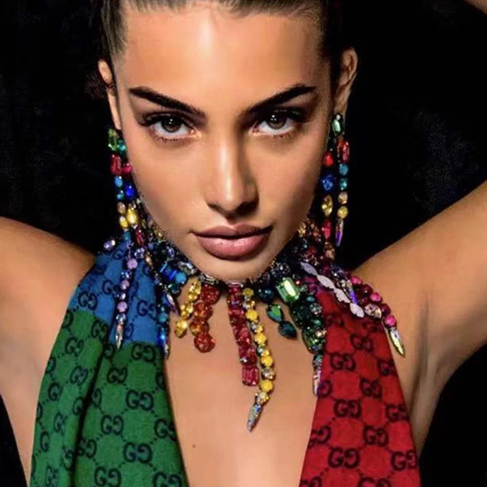 Oversized Colorful Crystal Square Rhinestone Tassel Choker Drag Queen Stage Necklace