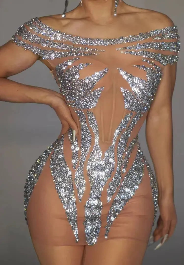 Sparkly Silver & Red Rhinestone Sleeveless Mini Dress Stage Costume