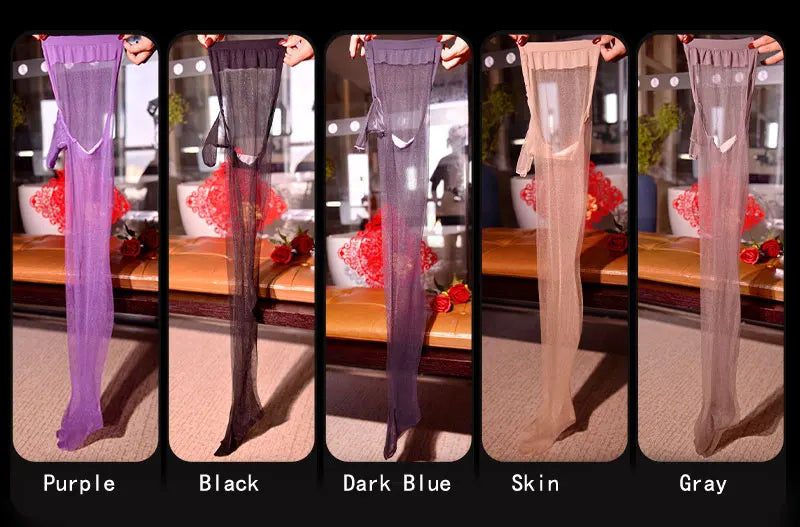 Sexy Men Oil Gloosy See Through U Convex Pouch Stockings Penis Open Close Sleeve Stockings Sheer Shiny Pantyhose Tight Plus Size