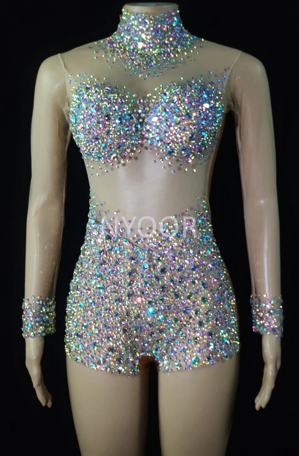 Luxurious AB Crystal Rhinestone Stage Dance Costume Illusion Romper