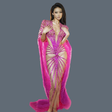 See Through Fuchsia Pink Evening Gown Long Tail Showgirl Stage Ball Dress