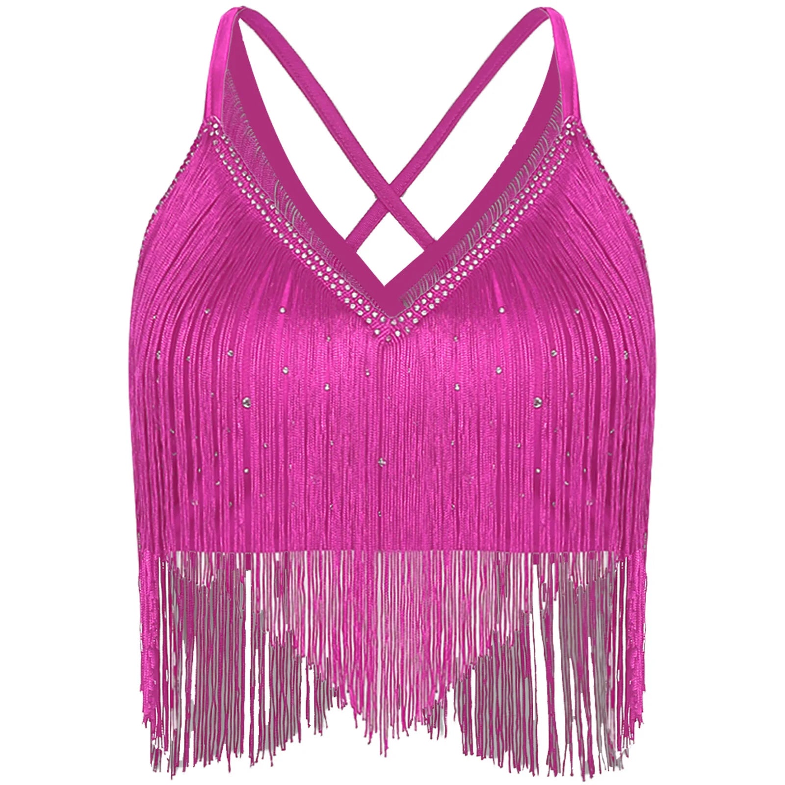 V-Neck Crisscross Back Tassel Fringe Crop Top Latin Salsa Dance Costume