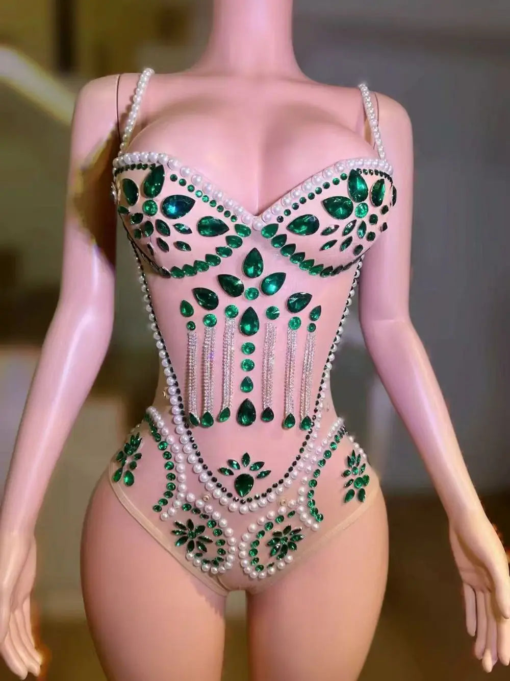 Emerald Green Rhinestone Mesh Bodysuit & Sculpted Peacock Cloak Stage Costume Set