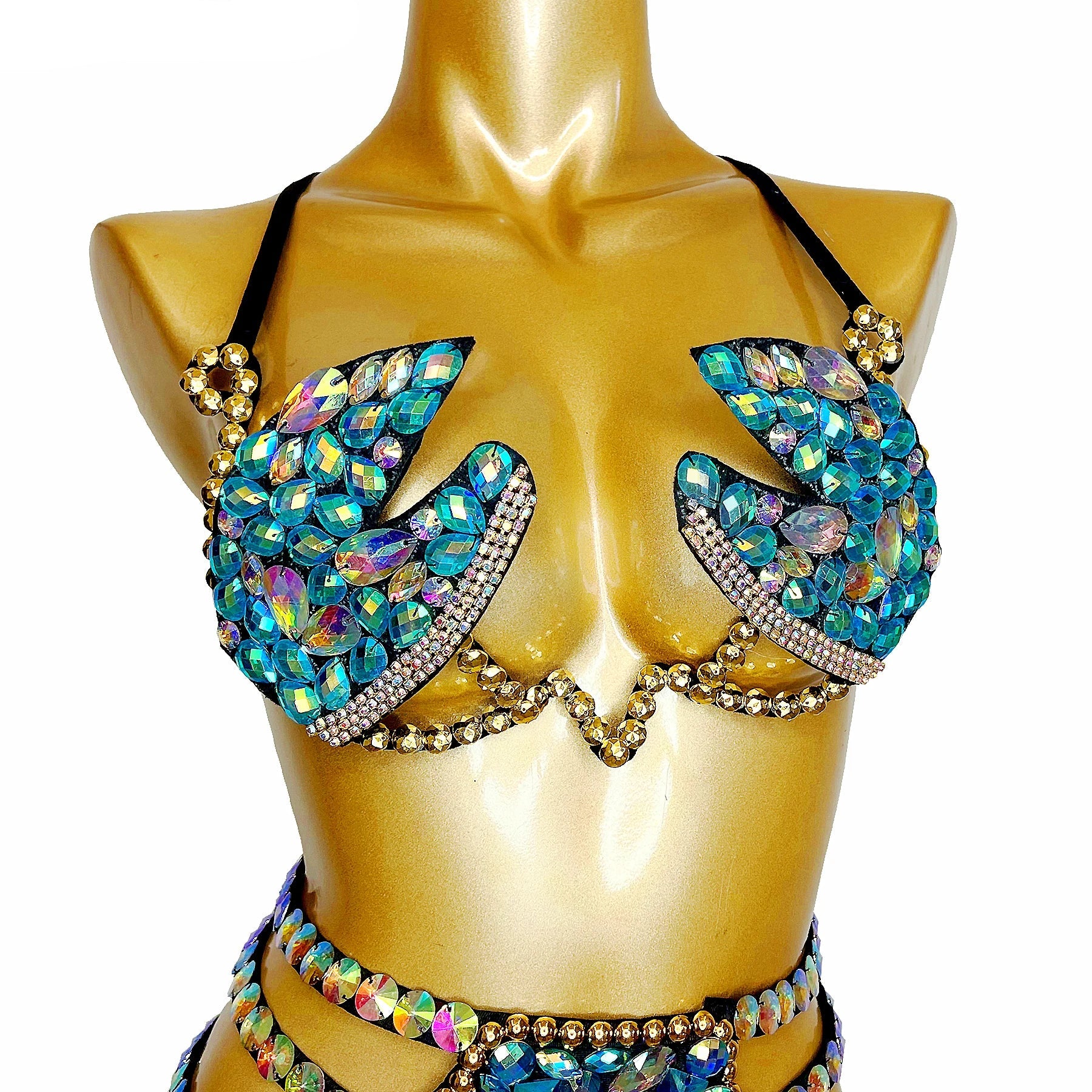 Sparkly Samba Carnival Stone Wire Bra & Bikini Bottom Set Stage Costume