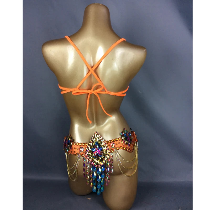 Dazzling Samba Carnival Wire Bra & Belt Rainbow Crystal Costume Set