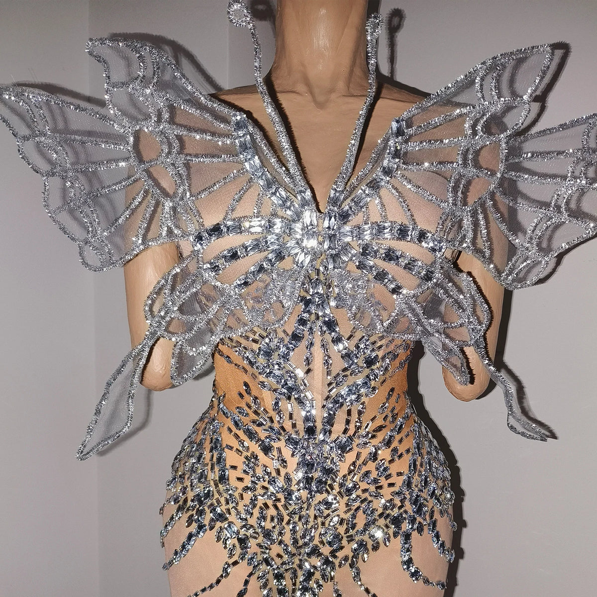 Silver Crystal Mesh 3D Butterfly Rhinestone Wings Jumpsuit