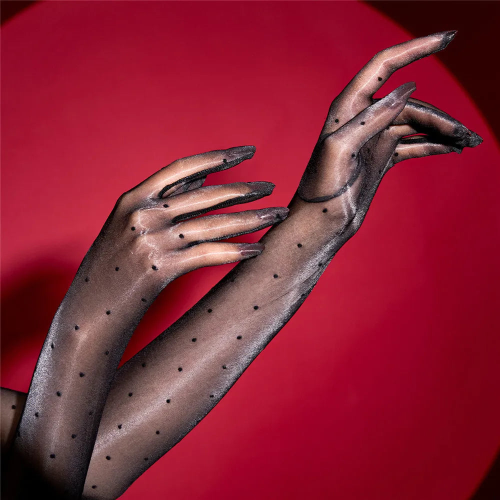 Sexy Women 1D Dot Ultra Thin Five Finger Long Glove Oil Shiny Glossy Sun Protection Glove Elastic Party Wedding Luxury Glove