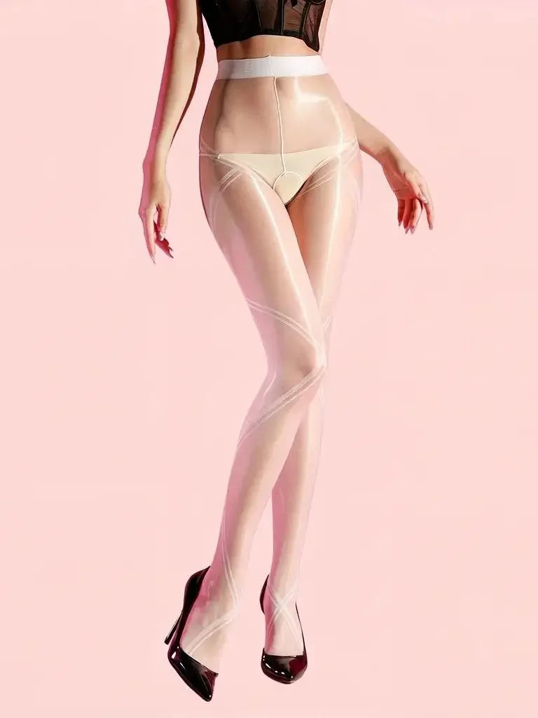 Striped Oil Glossy Sheer High-Waist Shaping Pantyhose Shiny Dance Tights