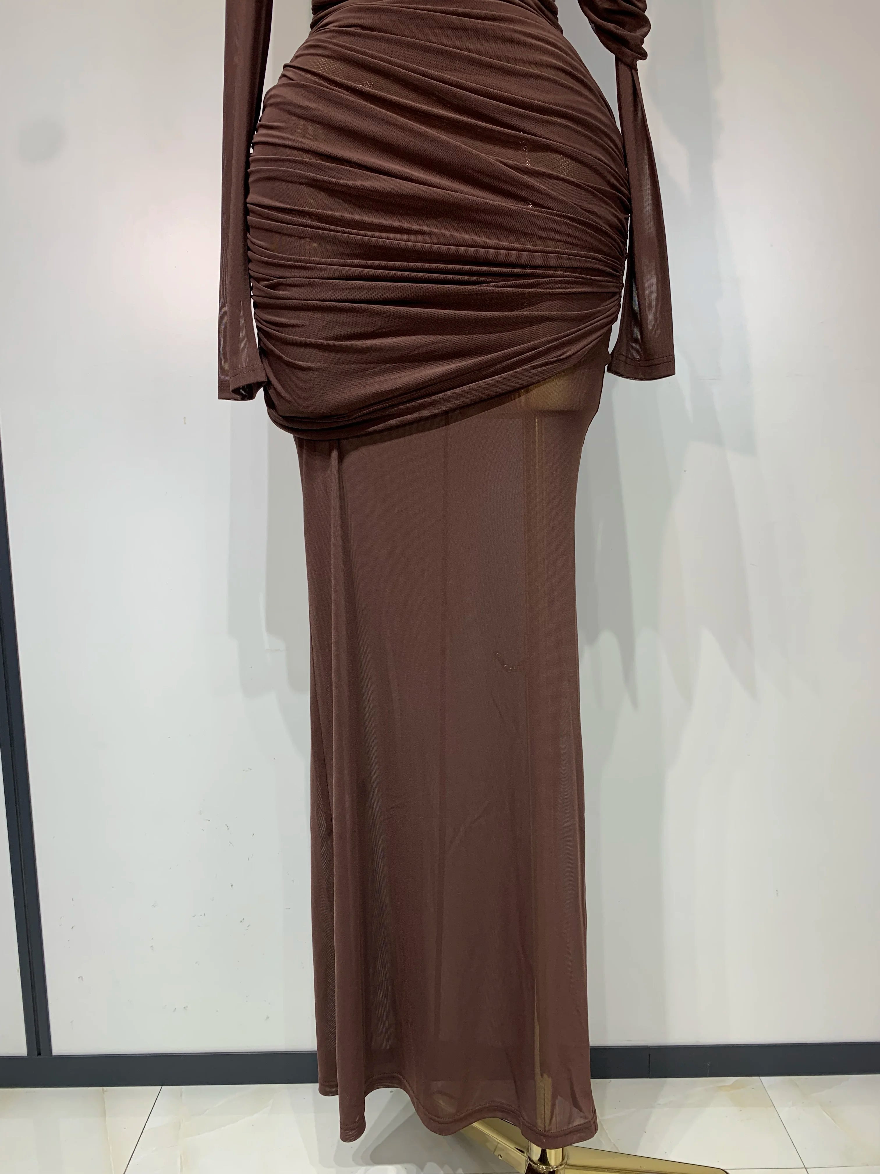 Ruched Mesh Draped Bodycon Maxi Dress Long Sleeve Illusion Evening Gown