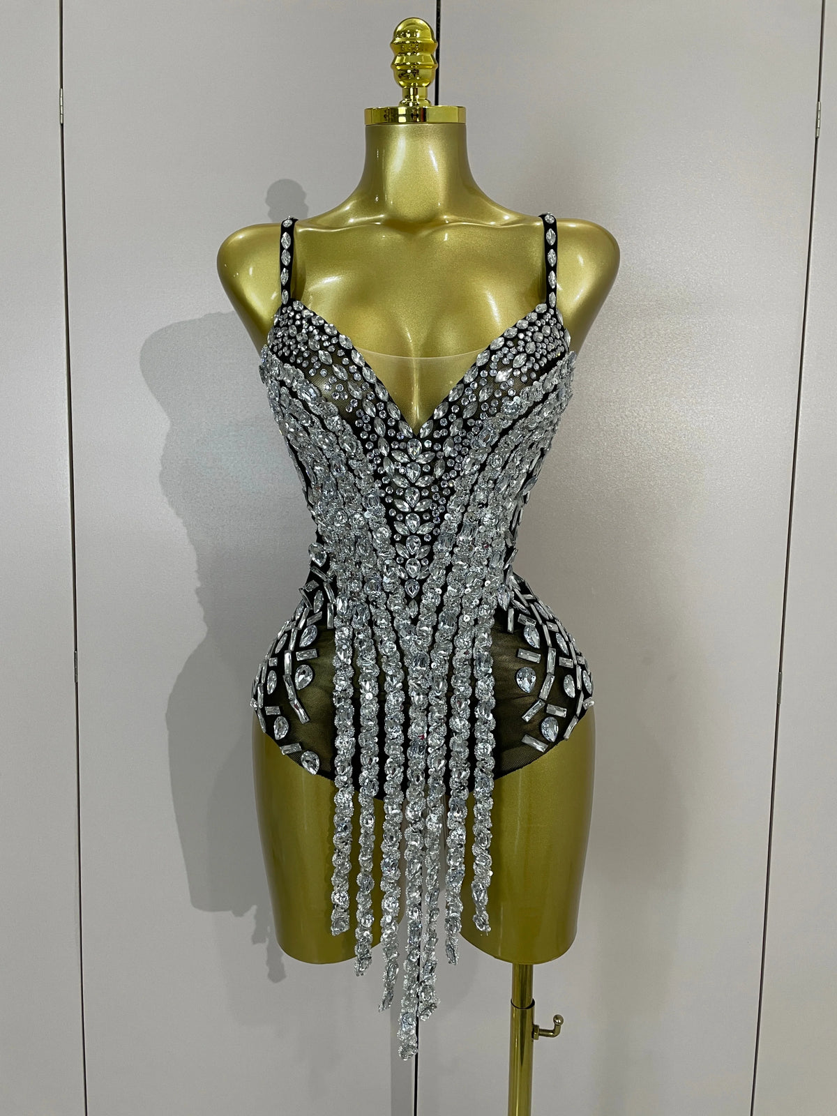 Rhinestone Long Tassel Mesh Bodysuit