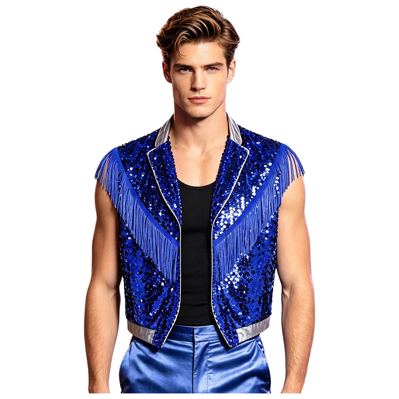 Men's Metallic Sequin Tassel Open-Front Vest Lapel Collar Sleeveless Stage Dance Waistcoat