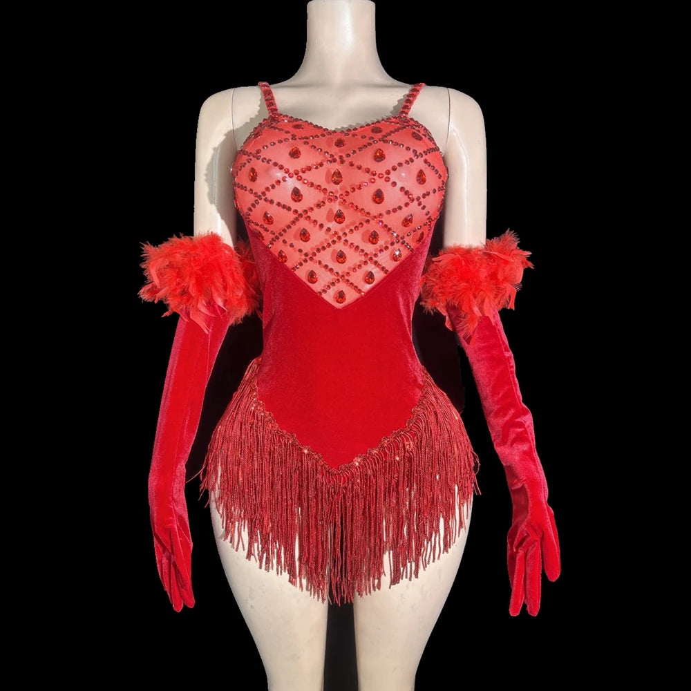 Sparkly Rhinestone & Sequin Tassel Bodysuit with Feathers & Gloves Costume Set
