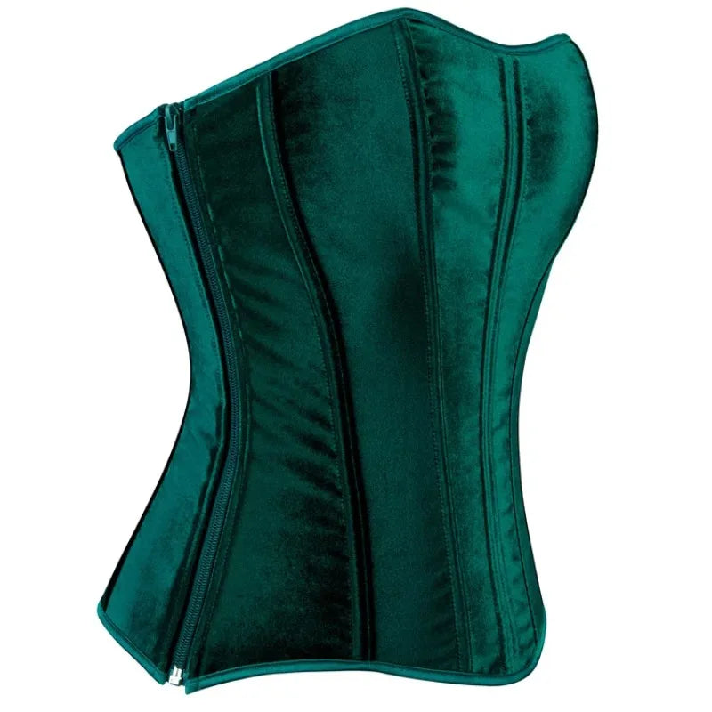 Green Velvet Overbust Corset Top Side Zipper Lace-Up Boned Bustier Top