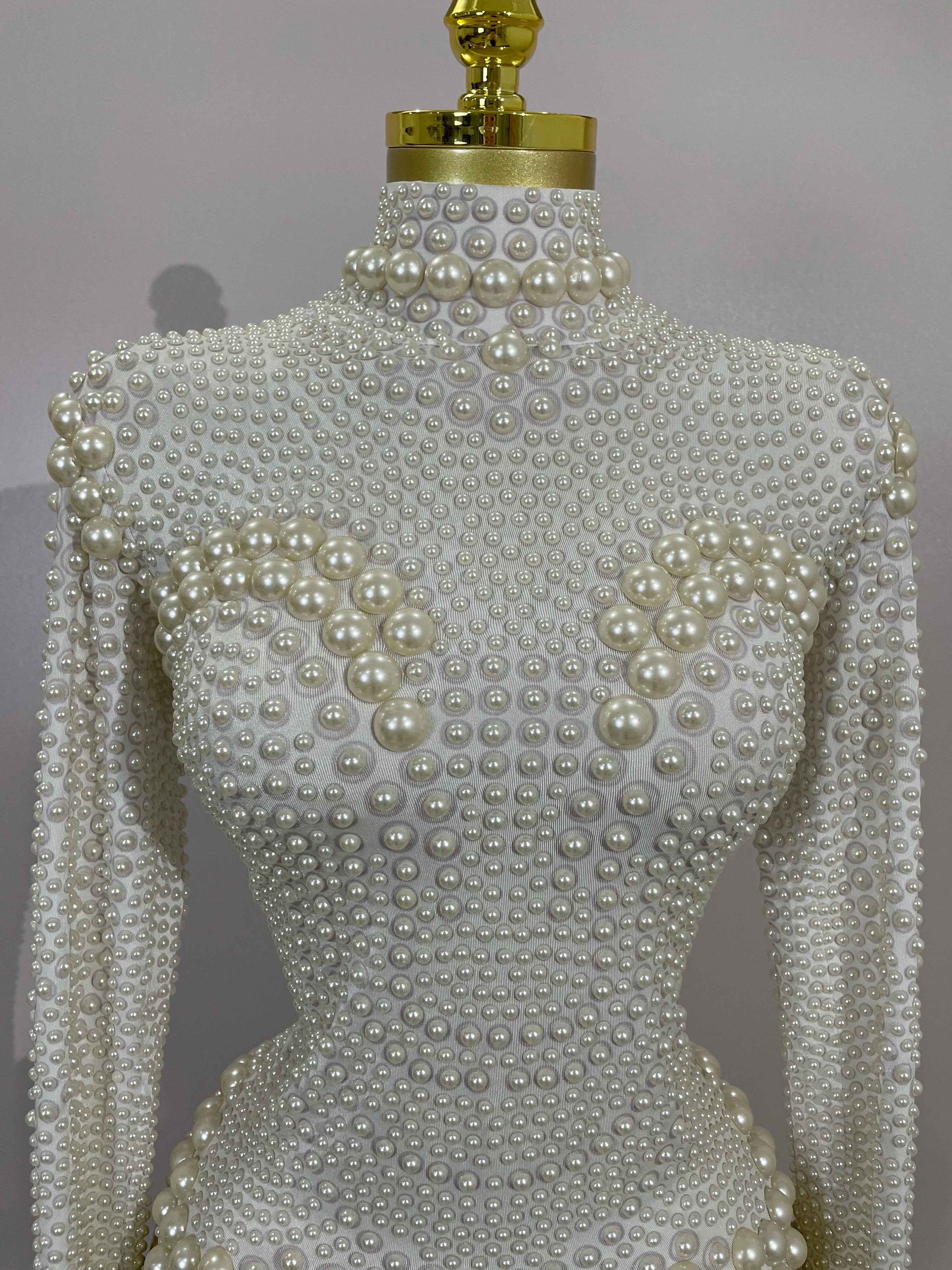 Luxury Full Pearl Long-Sleeved Stage Bodysuit Leotard Evening Performance Costume
