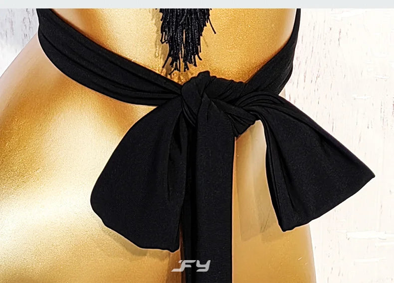 Black Latin Dance Fringe Camisole Top & High-Motion Practice Pants Set