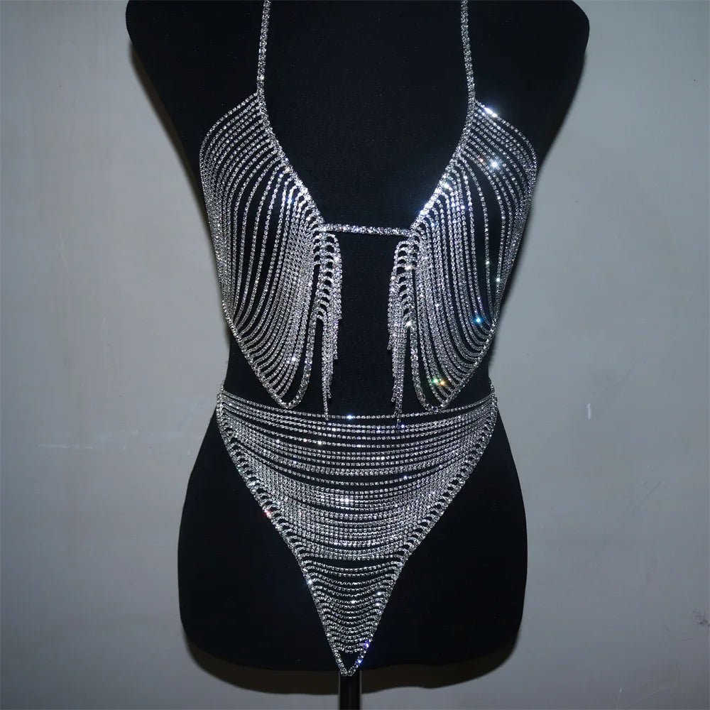 Dazzling Crystal Tassel Bra Chain & Thong Bikini Body Jewelry Set