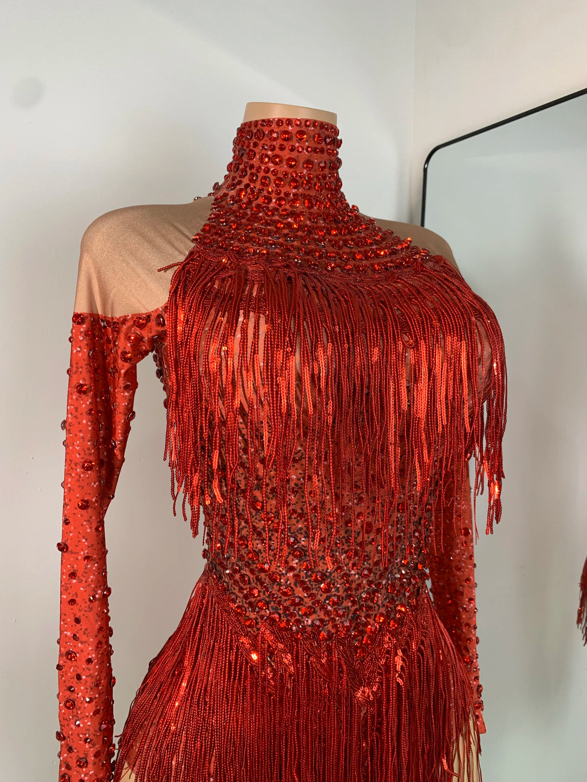 Red Rhinestones Skinny Bodysuit Women Sexy Long Sleeve Tassel Performance Singer Dance Costume Nightclub Celebrate Stage Wear