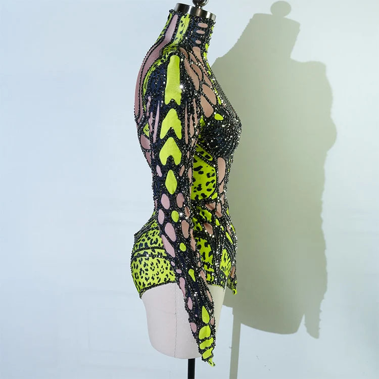 Futuristic Cyber Armor Rhinestone Bodysuit Mock Neck Sleeveless Stage Dance Costume