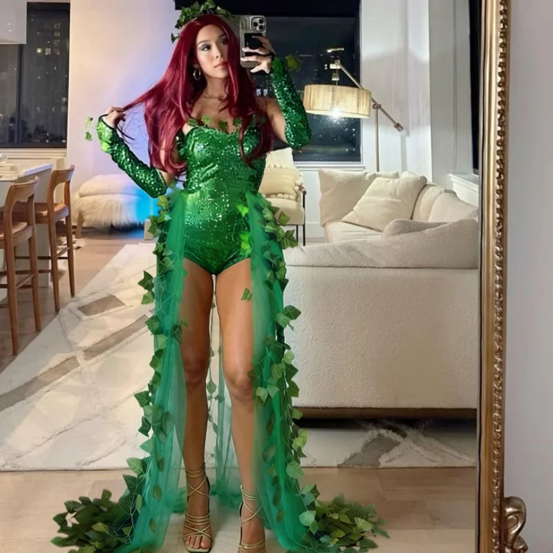 Emerald Ivy Leaf Sequin High-Low Gown & Gloves Sexy Botanical Villain Costume Set