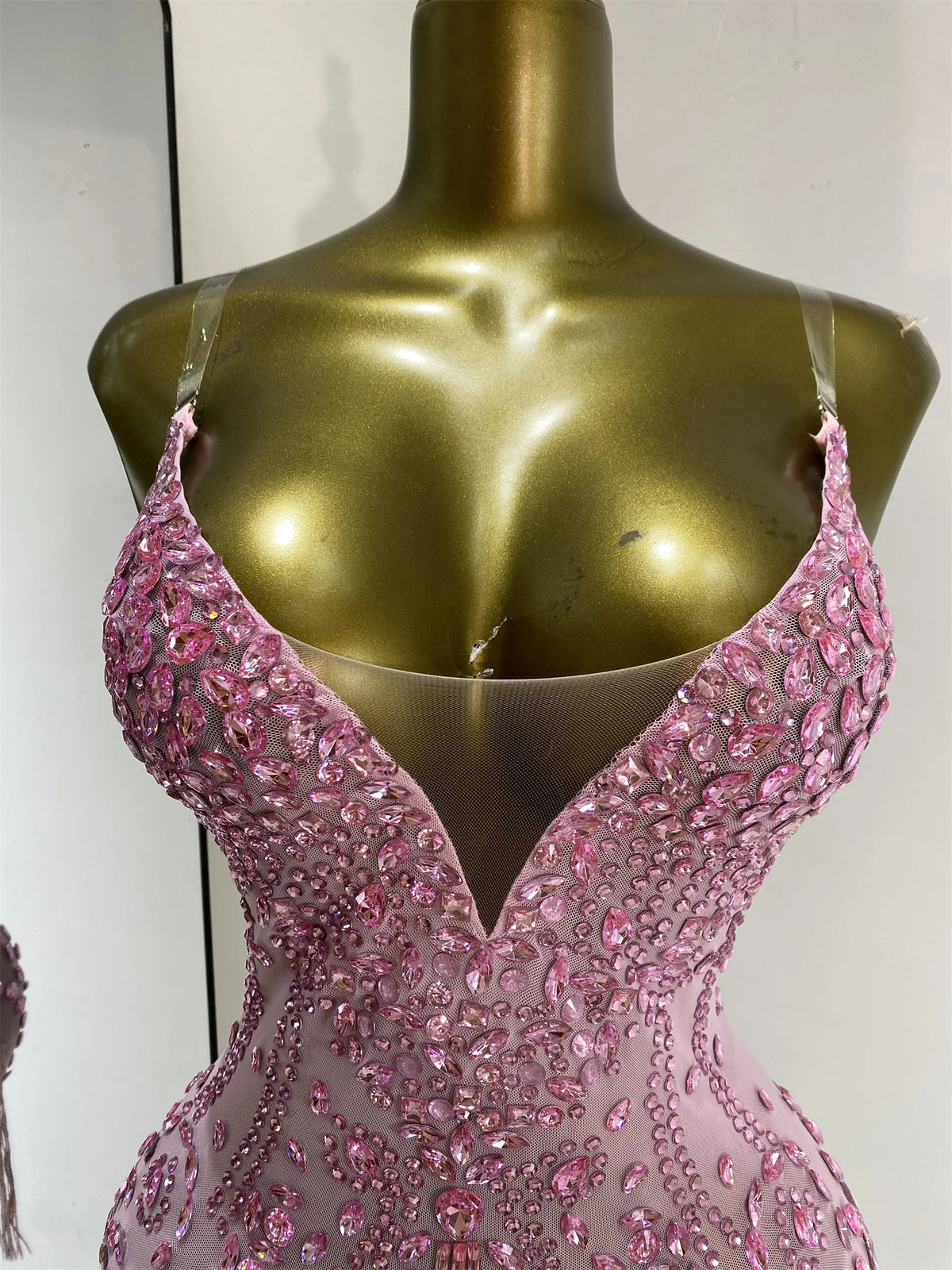 Vintage-Inspired Shiny Rhinestones Tassel Mesh Bodysuit Costume Set
