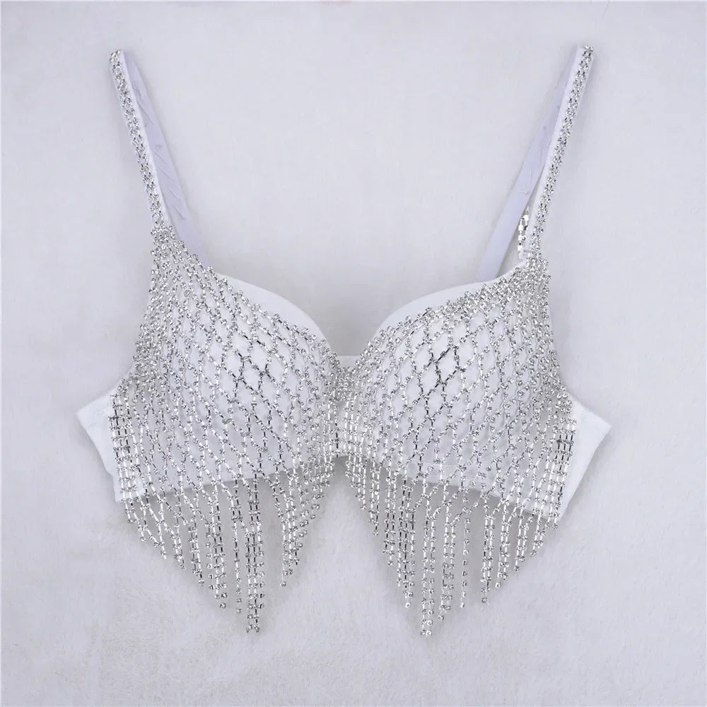 Sparkly Rhinestone Mesh Fringe Corset Crop Top Stage Performance Bustier