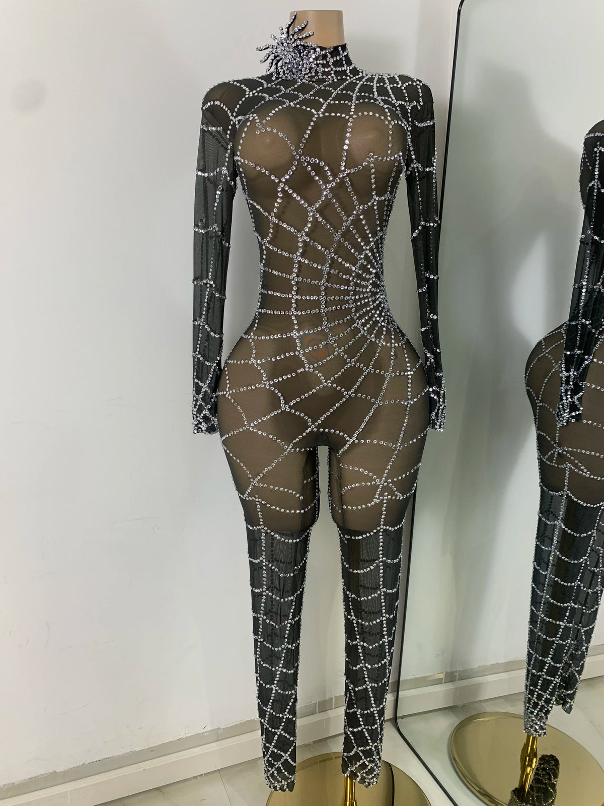 Black Spider Mesh Jumpsuit For Women Sexy Long Sleeve Performance Rompers Dance Show Stage Costume