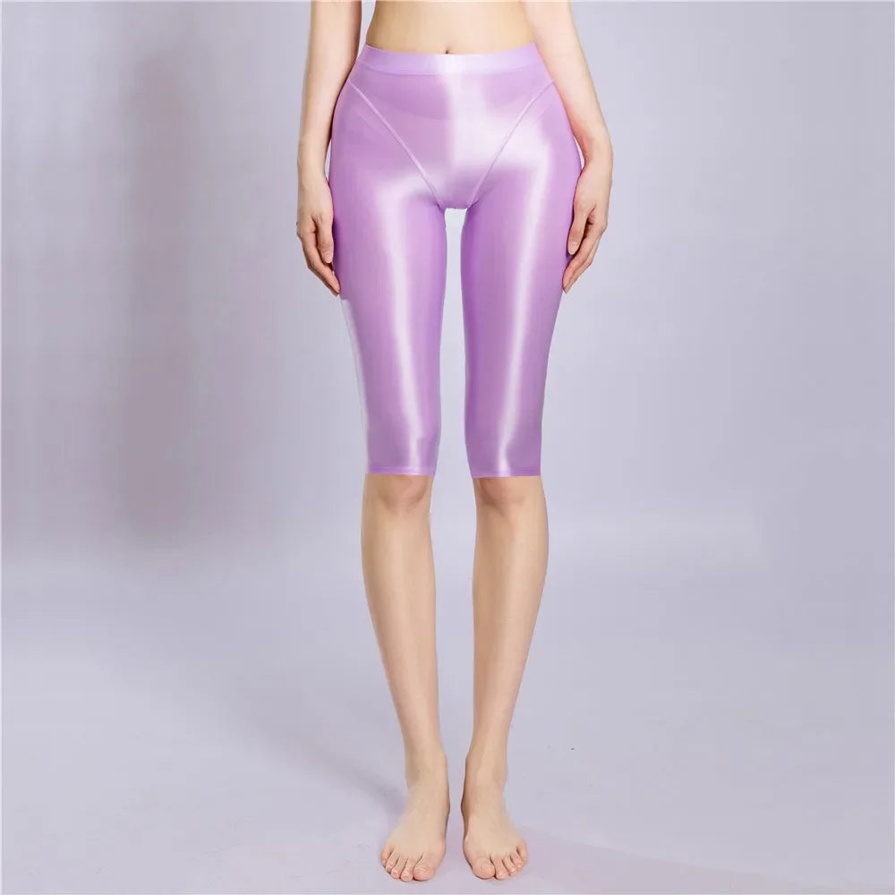 Women Shaping Short Stain Smooth Oil Glossy Shiny Elastic Shorts Sheer See Through Casual Plus Size Tight Yoga Short Maid Pant