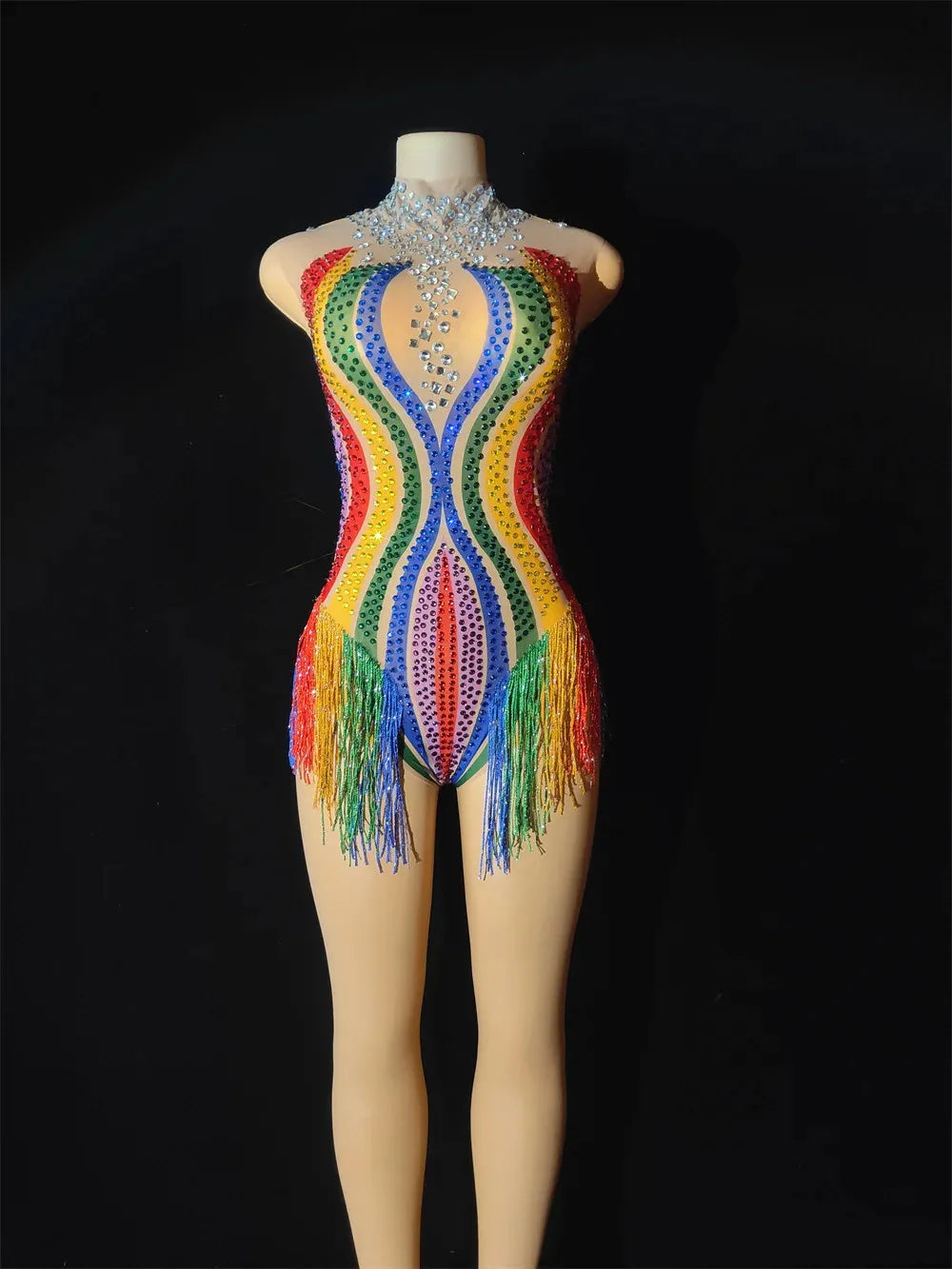 Rainbow Stripe Rhinestone Fringe Bodysuit Colorful Crystal Stage Dance Leotard