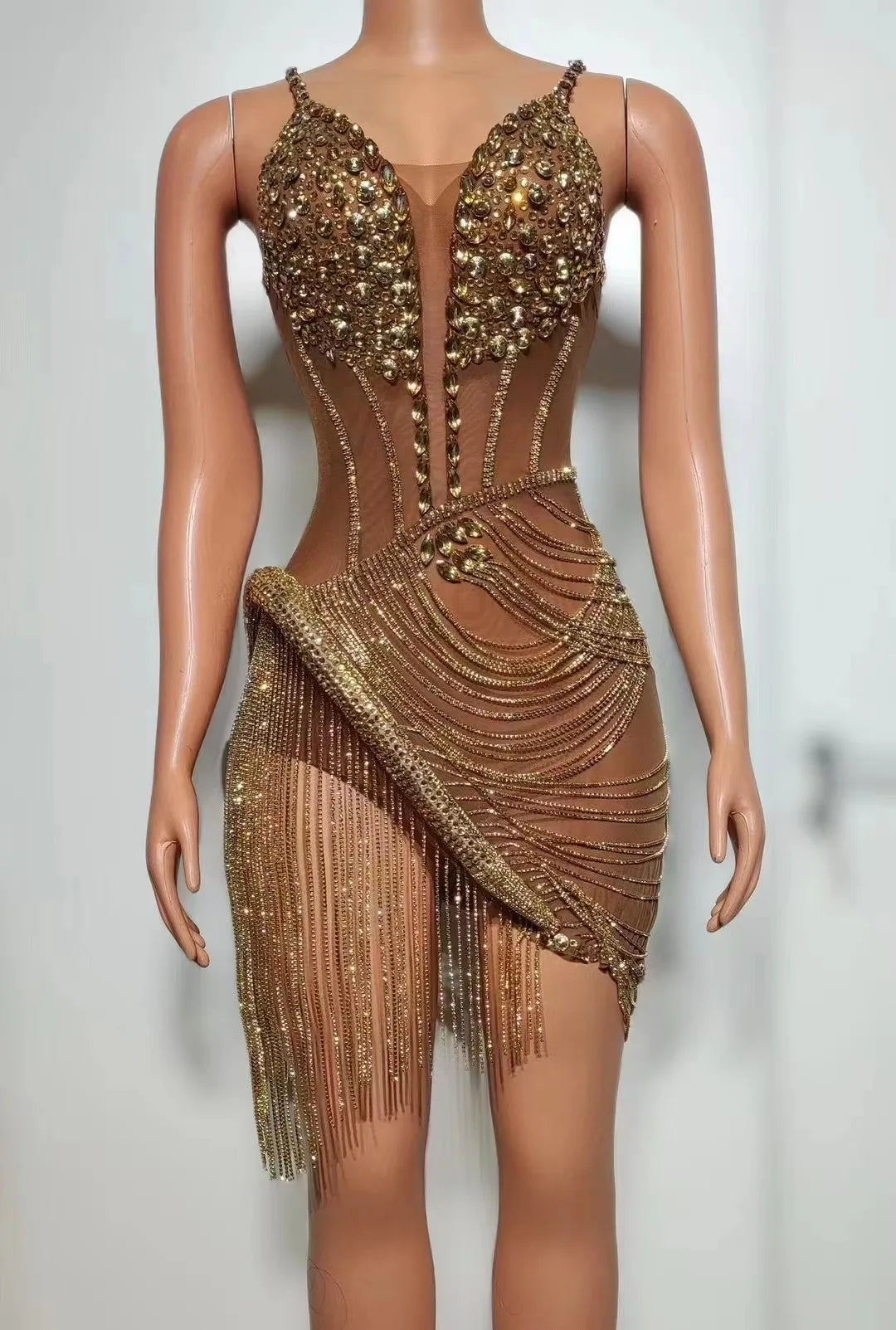 Sparkly Rhinestone & Fringe Sheer Mesh Mini Dress Stage Performance Costume