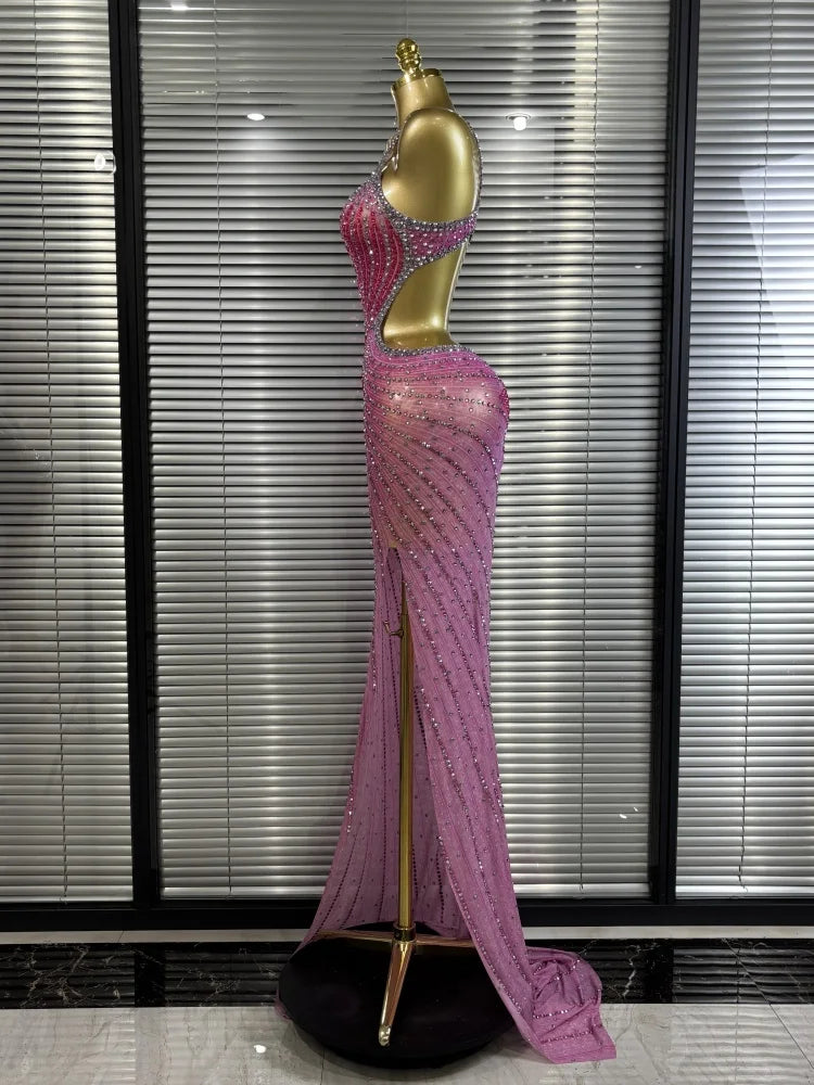 Pink Sleeveless V-Neck Rhinestone Bodycon Floor-Length Showgirl Stage Performance Dress