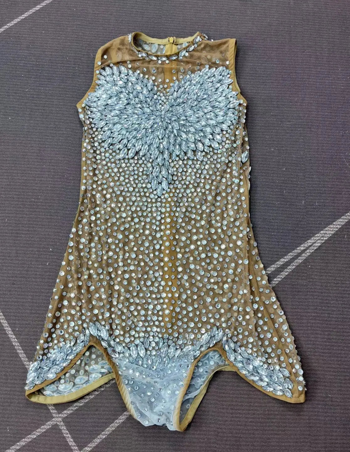 Sparkly Rhinestone Sheer Mesh Bodysuit Backless Stage Costume Leotard
