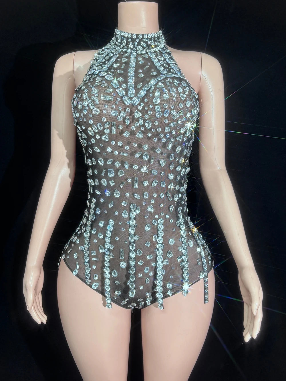 Silver Crystal Halter Illusion Bodysuit Sparkly Backless Rhinestone Stage Leotard