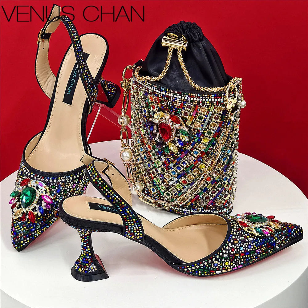 Shoes and Bag Set With Rhinestone Handbag