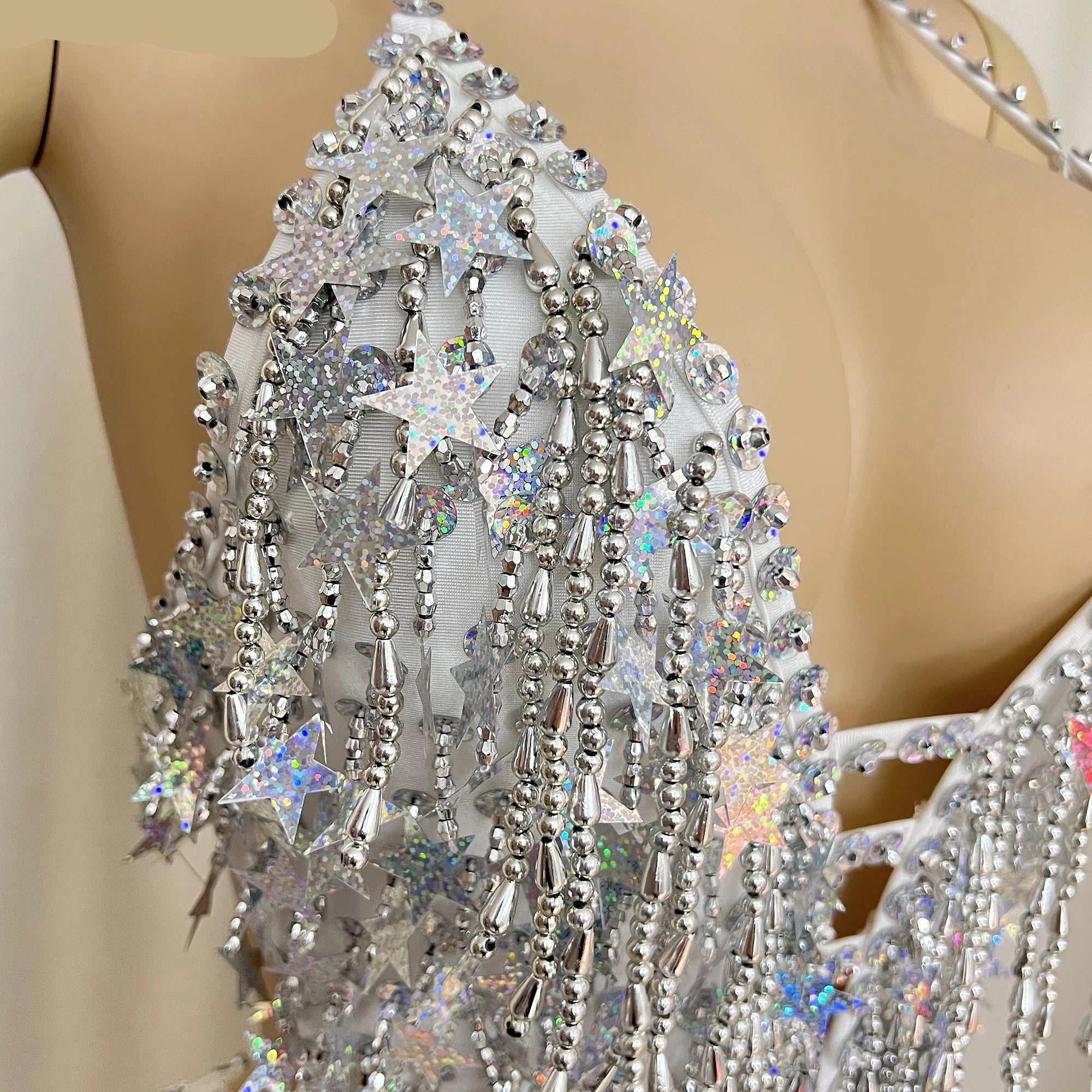 Sparkly Silver Beaded Sequin Samba Leotard Bodysuit & Necklace Set