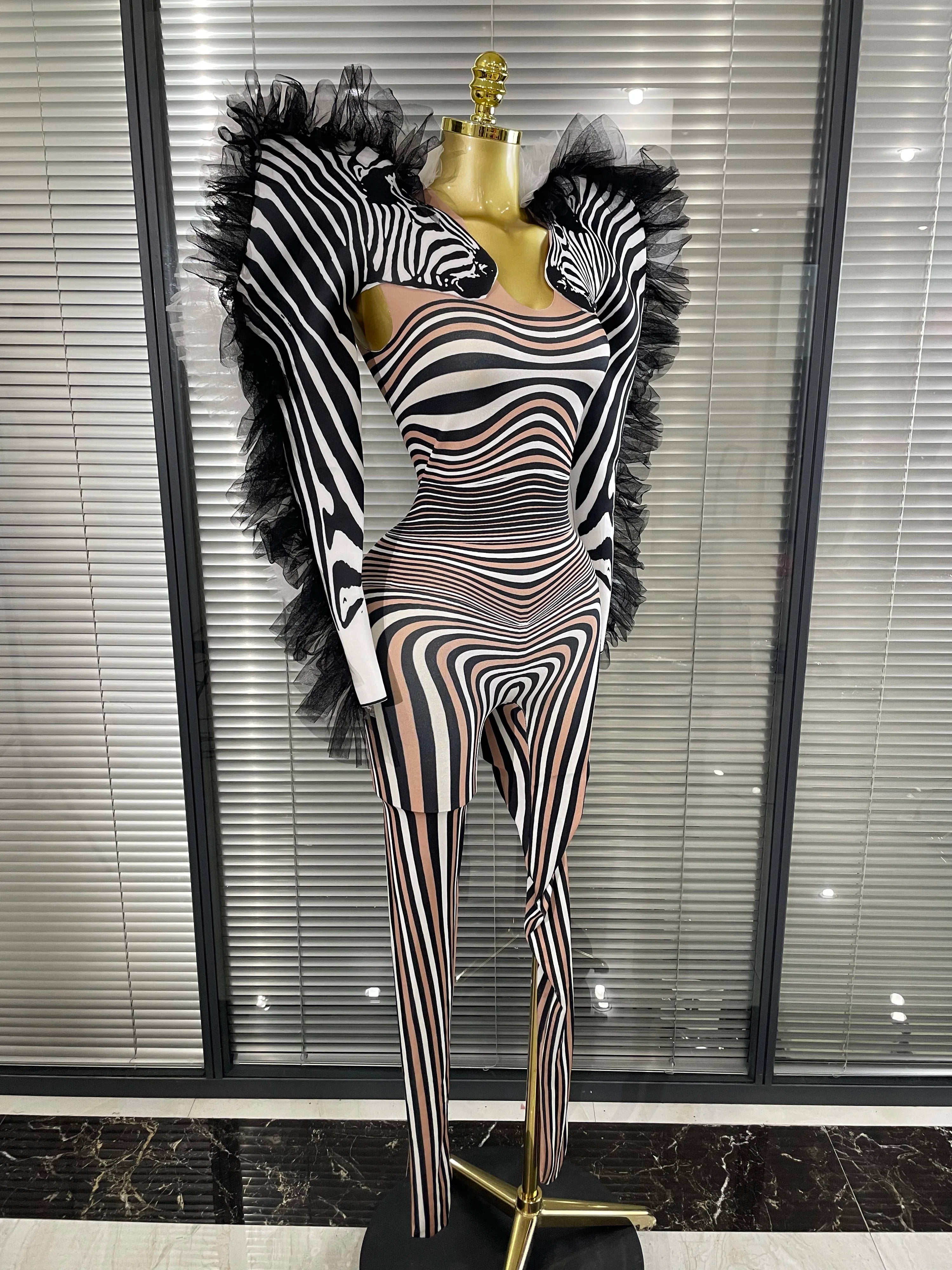 Zebra Print Illusion Catsuit & Feather Wing Bolero Jacket 2-Piece Stage Costume Set