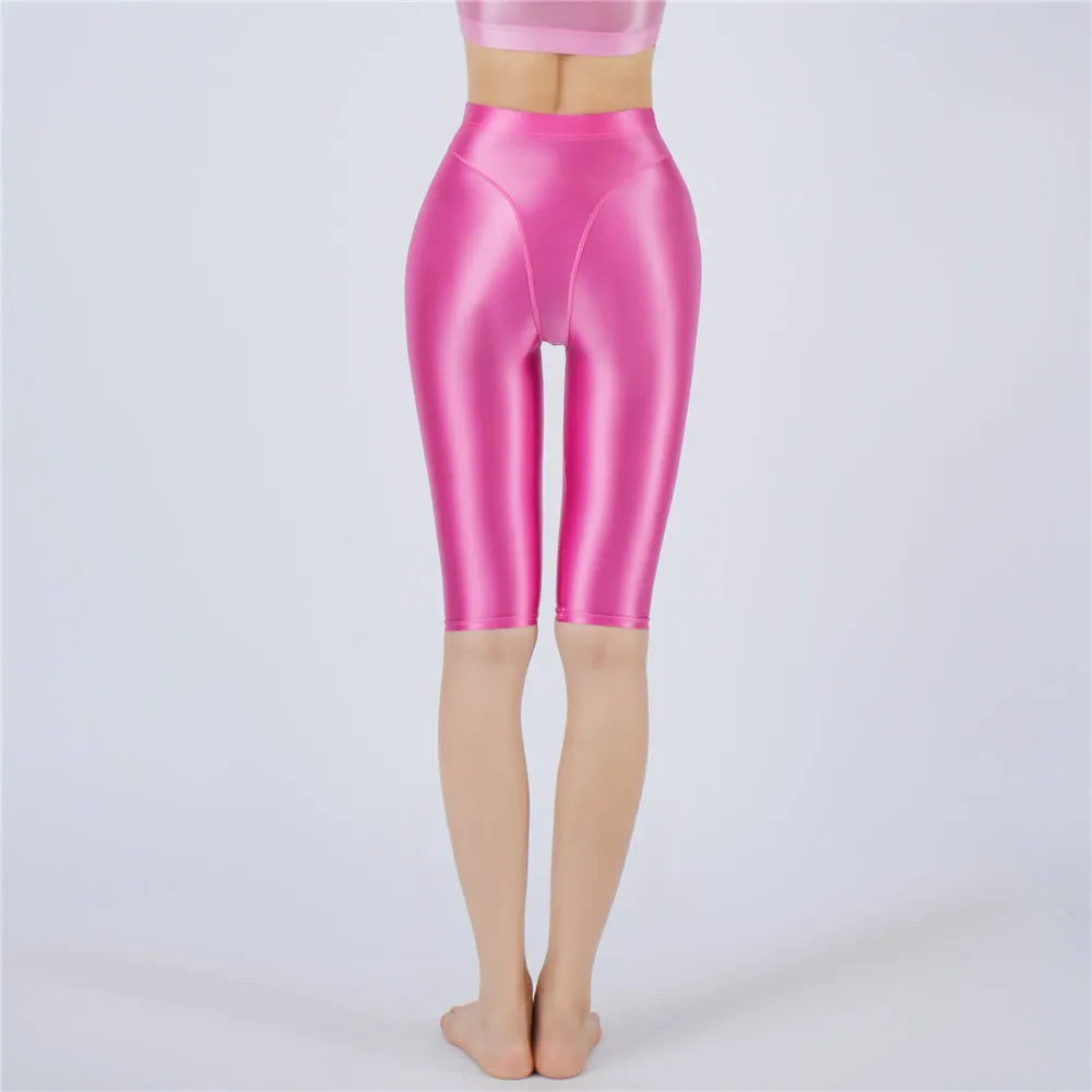 Oil Glossy High-Stretch Knee-Length Shorts Satin Shine Performance Biker Shorts