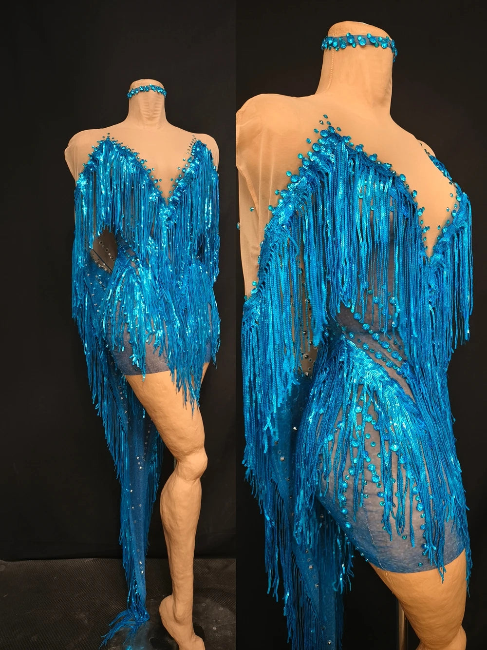 Sparkly Blue Rhinestone & Tassel Sheer Mesh Mini Dress Stage Costume