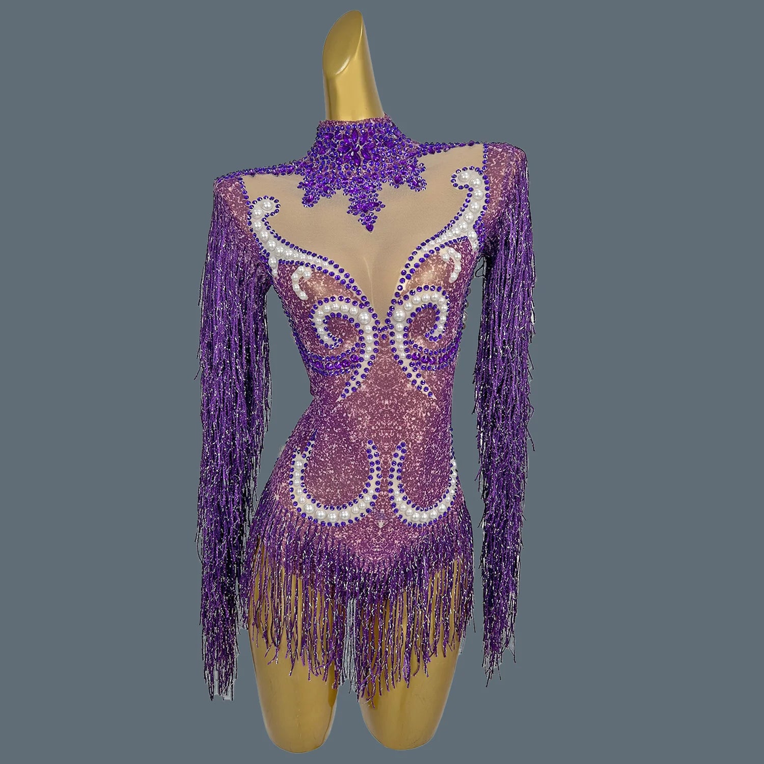 Pearl & Rhinestone Tassel Stage Costume Bodysuit Dance Leotard